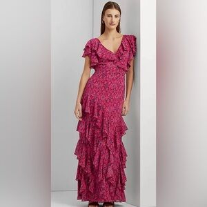 Ralph lauren Geo-Print Ruffle-Trim Georgette Gown